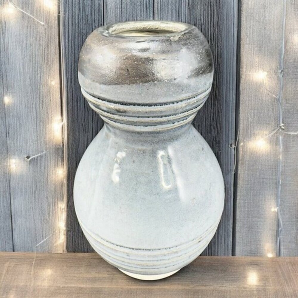 Primitive Style Art Pottery Bud Vase Round Bottom Gray Black Lines Glaze Vase